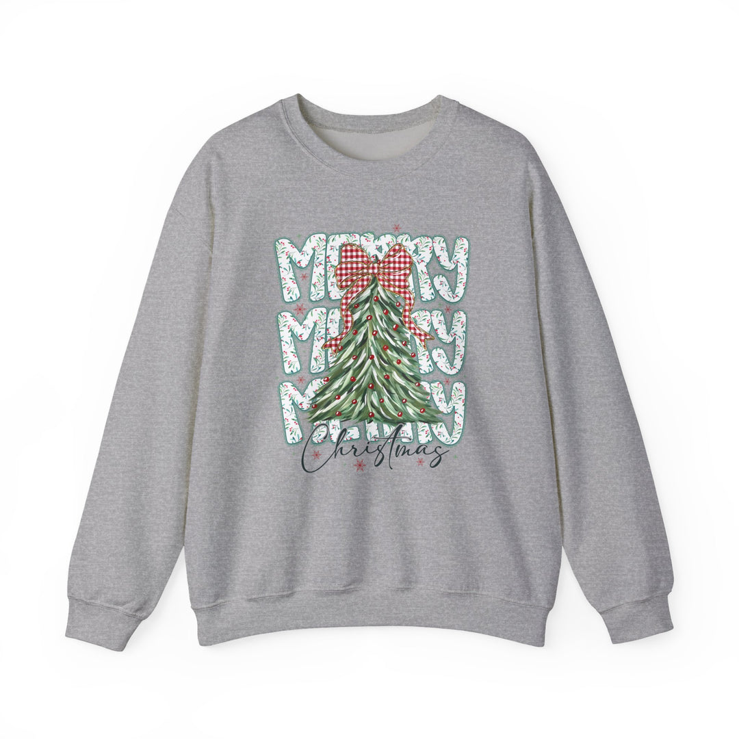 Merry Merry Merry Christmas Crew sweatshirt featuring a festive tree with gingham bow and ornaments, combines cozy comfort with a stylish holiday design.