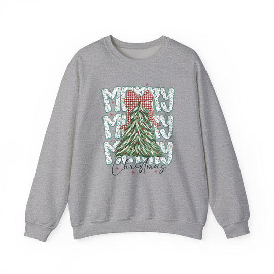 Merry Merry Merry Christmas Crew sweatshirt featuring a festive tree with gingham bow and ornaments, combines cozy comfort with a stylish holiday design.