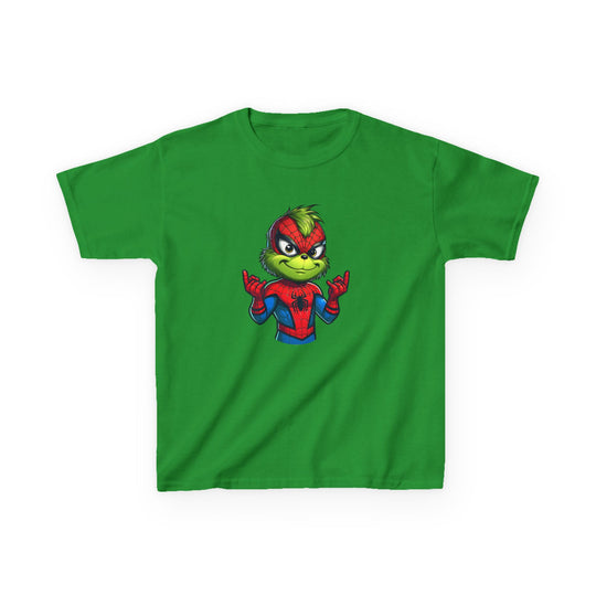 Christmas Spider Kids Tee: Bright green T-shirt featuring the Grinch in a Spider-Man costume, displaying a web-shoot gesture. Perfect for everyday wear, made from durable 100% cotton.