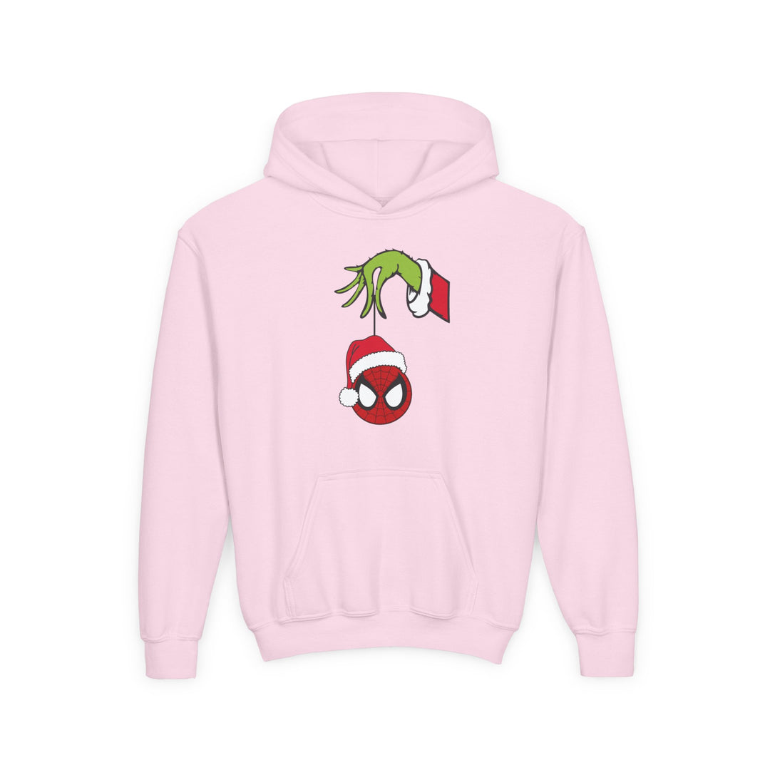 Spider Ball Christmas Youth Hoodie featuring a Grinch hand holding a Spider-Man mask ornament with Santa hat, ultra-soft fleece, kangaroo pocket, and reinforced neckline.