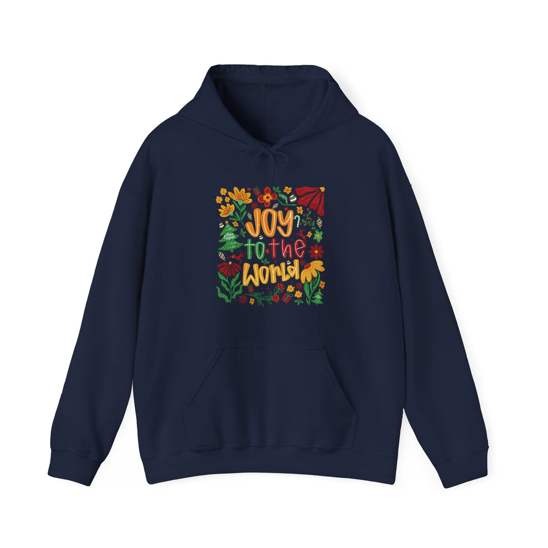Dark-navy Joy to the World hoodie with colorful floral and Christmas accents, featuring a kangaroo pocket and matching drawstring, ideal for cozy, festive wear.