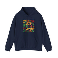 Dark-navy Joy to the World hoodie with colorful floral and Christmas accents, featuring a kangaroo pocket and matching drawstring, ideal for cozy, festive wear.
