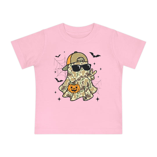 Candy Ghost Baby Tee: Light-pink, short-sleeve kids' t-shirt featuring a playful Halloween motif with a cool camouflage-ghost, peace sign, and pumpkin bucket. Super soft, durable fit.