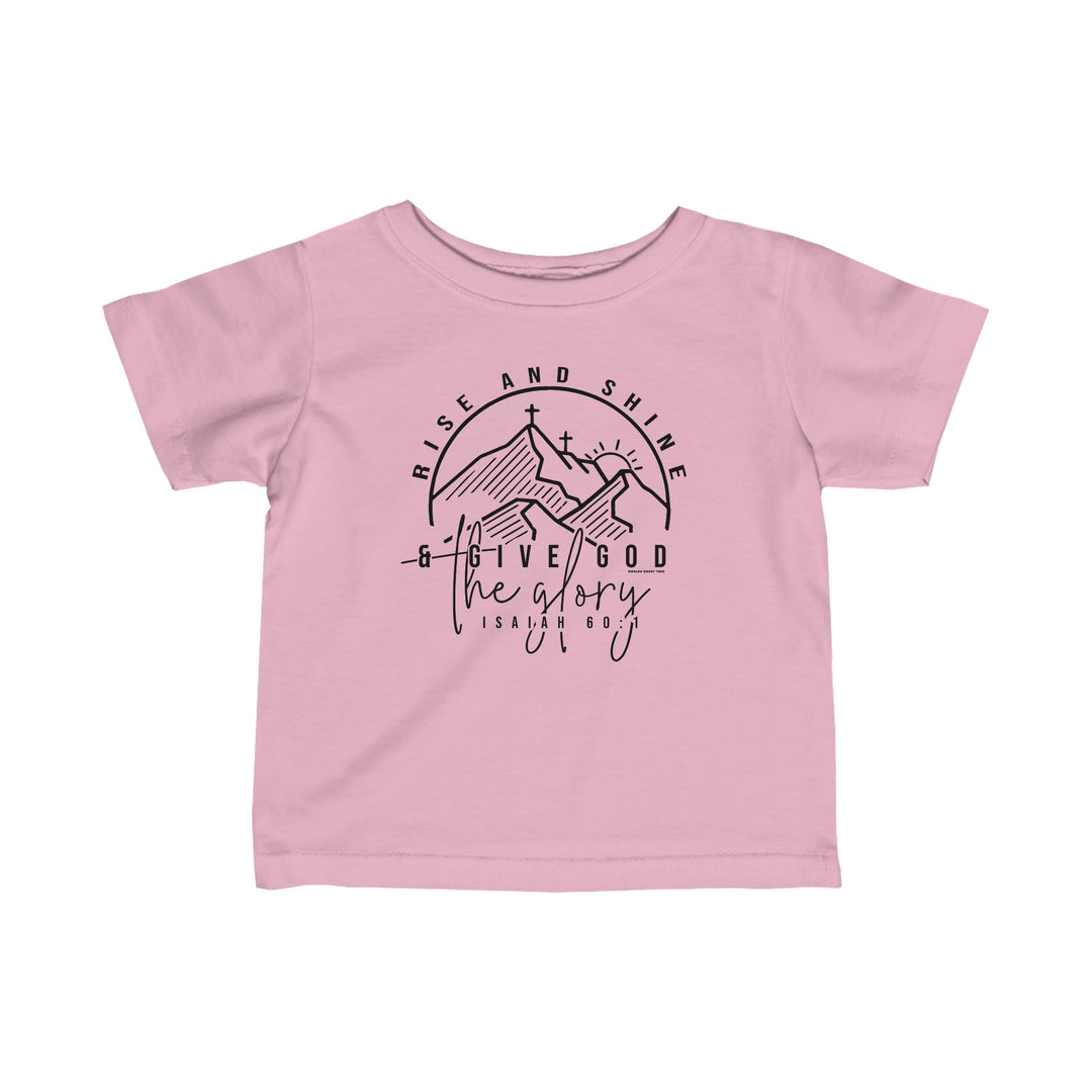 Infant Rise and Shine Tee: Pink shirt with a graphic design of a cross and mountains. Soft ring-spun cotton, side seams, ribbed knitting, and taped shoulders for durability and comfort. Ideal for younglings.