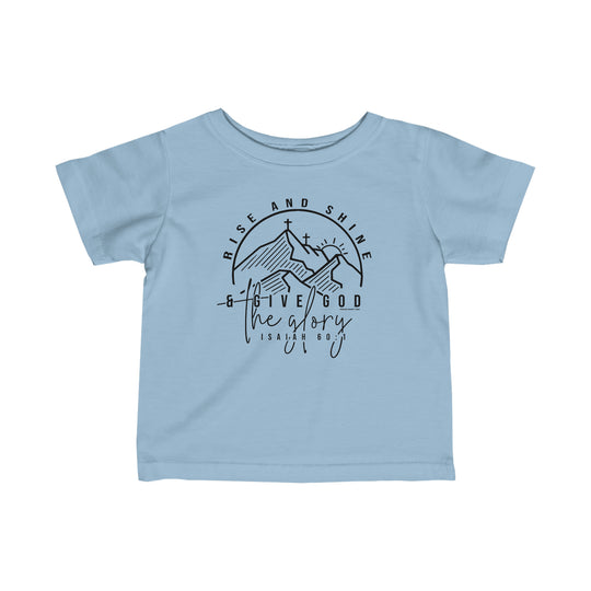 Rise and Shine Infant Tee: Blue shirt with graphic design of a cross and mountains. Soft ring-spun cotton, side seams for shape, ribbed knitting, taped shoulders for comfort. Ideal for younglings.