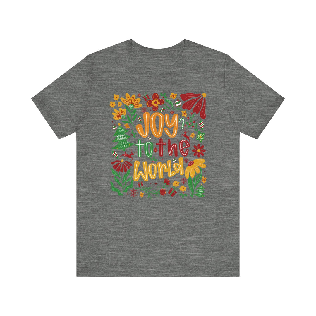 Heather-gray short-sleeve Joy to the World tee with festive graphics, featuring holiday elements like candy canes and reindeer. Soft cotton, unisex fit, available in multiple sizes.
