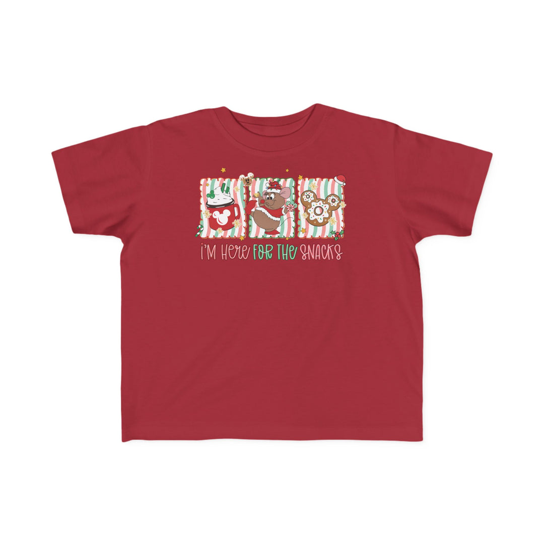 Here for the Snacks Toddler Tee featuring holiday-themed Mickey designs and text, perfect for toddlers with soft, durable cotton fabric.
