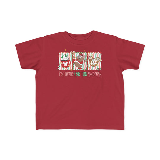 Here for the Snacks Toddler Tee featuring holiday-themed Mickey designs and text, perfect for toddlers with soft, durable cotton fabric.