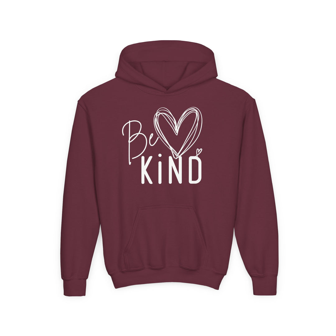 Be Kind Youth Hoodie with “Be Kind” in white, heart-shaped “e,” maroon color, kangaroo pocket, ultra-soft fleece, regular fit, suitable for embroidery.