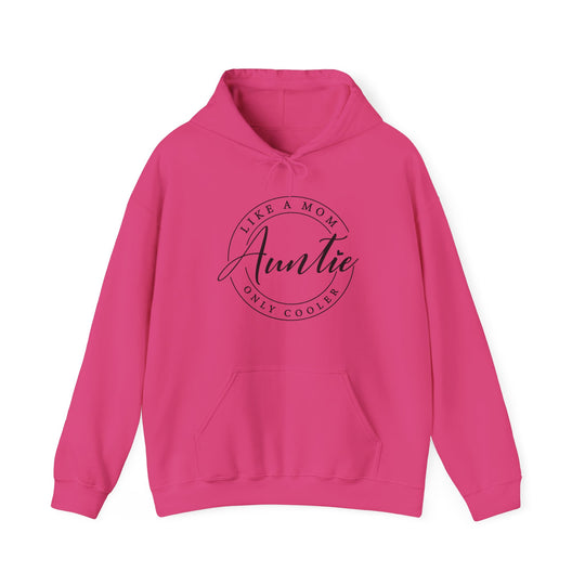 Auntie Hoodie: Pink sweatshirt with black text, featuring a cozy blend of cotton and polyester, spacious kangaroo pocket, and drawstring hood. Classic fit, unisex design.