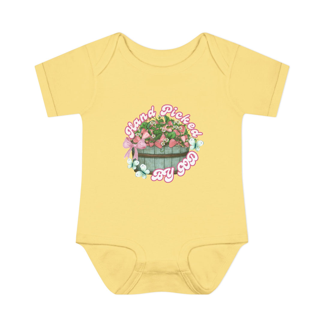 Hand Picked by GOD Onesie, a soft infant bodysuit with lap shoulders, made from 100% ring-spun cotton for comfort, ideal for sensitive skin.