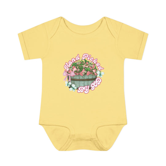 Hand Picked by GOD Onesie, a soft infant bodysuit with lap shoulders, made from 100% ring-spun cotton for comfort, ideal for sensitive skin.