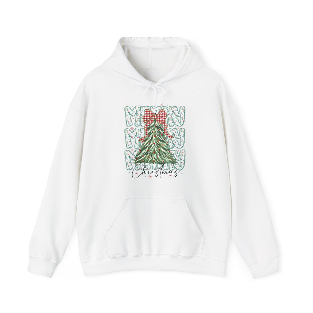 White hoodie featuring a festive Christmas tree graphic with red-gingham bow, MERRY candy-cane lettering, and Christmas script; includes kangaroo pocket and matching drawstring.