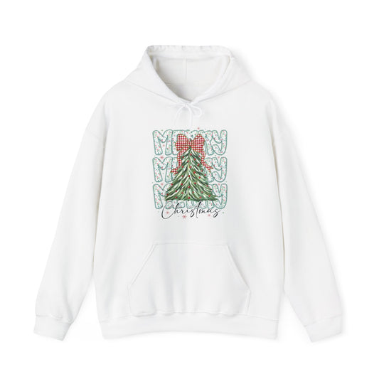 White hoodie featuring a festive Christmas tree graphic with red-gingham bow, MERRY candy-cane lettering, and Christmas script; includes kangaroo pocket and matching drawstring.