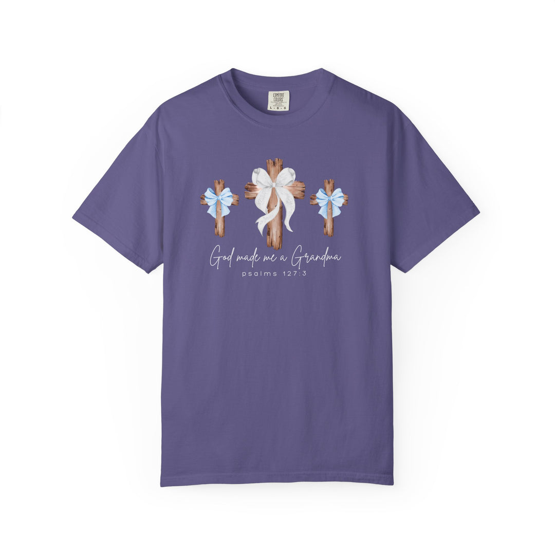 Purple short-sleeve tee with three wooden crosses and God made me a Grandma text, ideal for casual wear, crafted from soft, durable cotton.