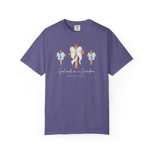 Purple short-sleeve tee with three wooden crosses and God made me a Grandma text, ideal for casual wear, crafted from soft, durable cotton.