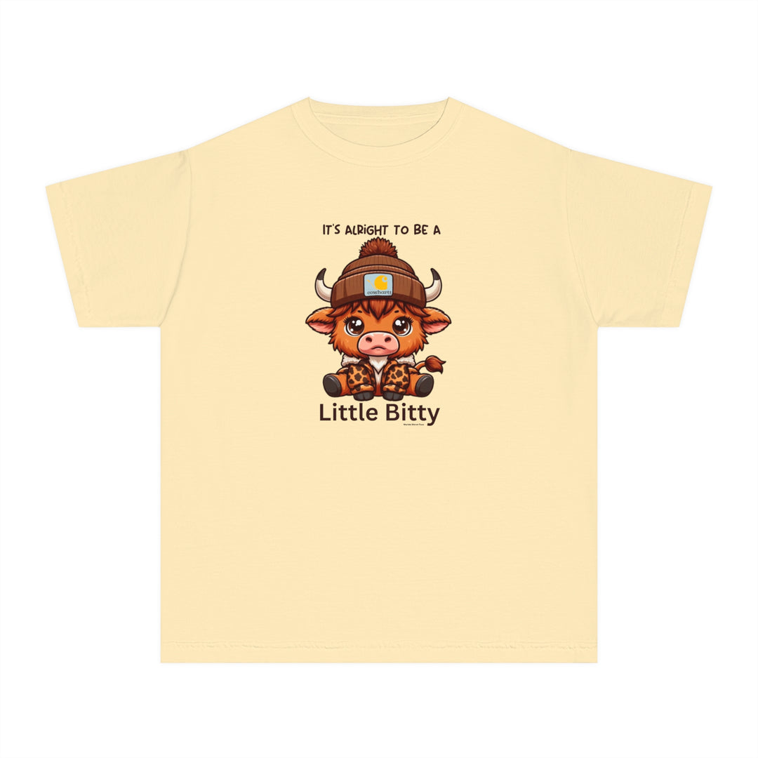 A Little Bitty Kids Tee featuring a cartoon cow design on a yellow t-shirt. Made of soft 100% combed ringspun cotton for comfort and agility. Perfect for active kids with a classic fit.