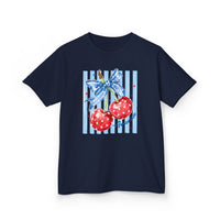 American Cherry Kids Tee: Navy-blue T-shirt featuring star-spangled cherries and ribbon motif with America script, crafted from durable, ethically-produced cotton, perfect for everyday wear.