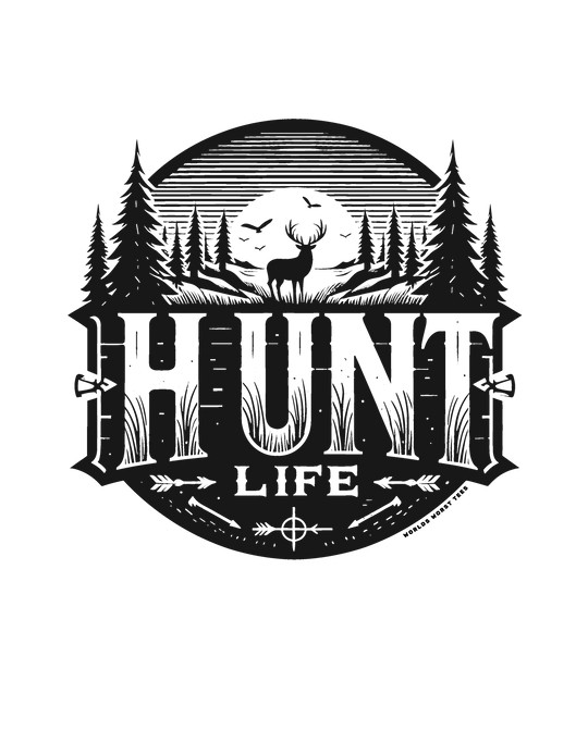A black and white Hunt Life Hoodie with a deer and birds design. Unisex heavy blend, cotton-polyester fabric, kangaroo pocket, and drawstring hood. Ideal for warmth and comfort. From Worlds Worst Tees.