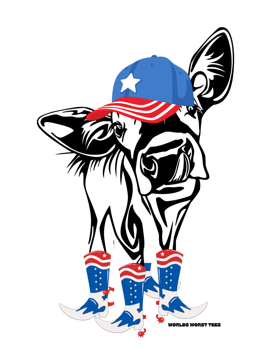 A kids' tee featuring a blue hat with a white star and red stripes, cowboy boots, and a flag. 100% cotton, light fabric, classic fit, ideal for everyday wear. From 'Worlds Worst Tees'.
