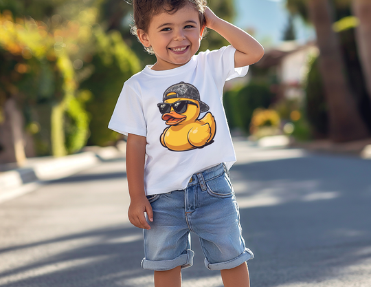 Young boy wearing the Ducky Toddler Tee, featuring a cartoon rubber duck with sunglasses. Perfect for toddlers, this soft, durable t-shirt ensures comfort and style on sunny days.