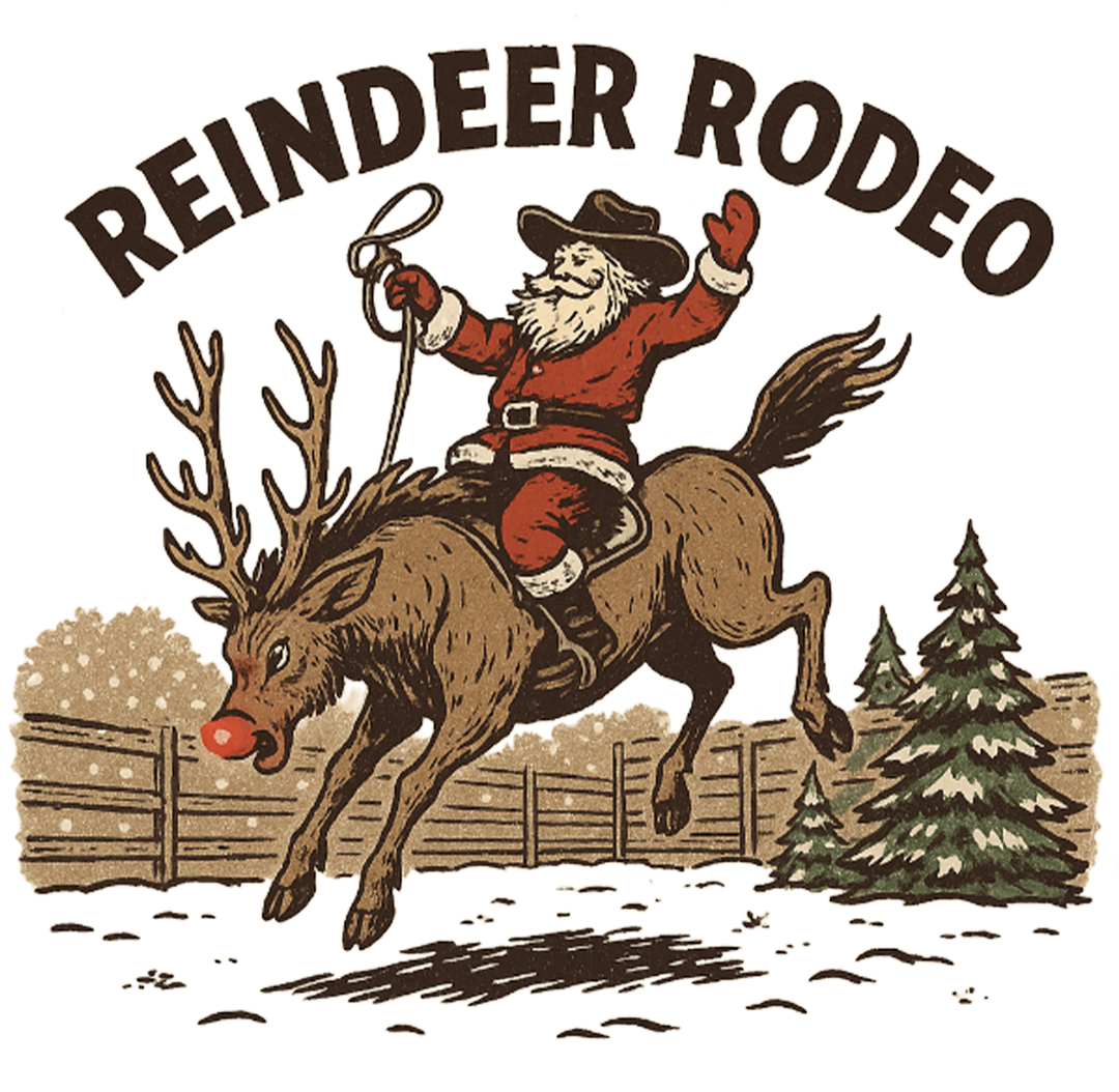 Reindeer Rodeo Kids Tee featuring Santa in a cowboy hat riding Rudolph, with a snowy rodeo backdrop. Ideal for active kids, crafted from soft, durable cotton.