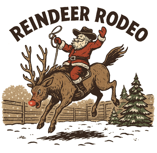 Reindeer Rodeo Kids Tee featuring Santa in a cowboy hat riding Rudolph, with a snowy rodeo backdrop. Ideal for active kids, crafted from soft, durable cotton.