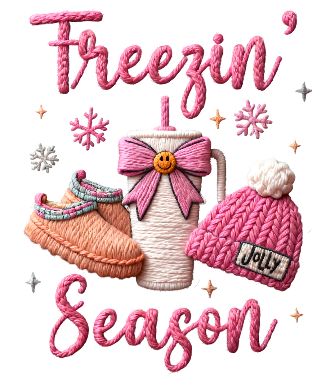 Freezin Season Kids Tee: Embroidered-style illustration of a to-go mug, slippers, and beanie, encapsulated in cozy winter themes with Freezin’ Season text. Perfect for everyday use.