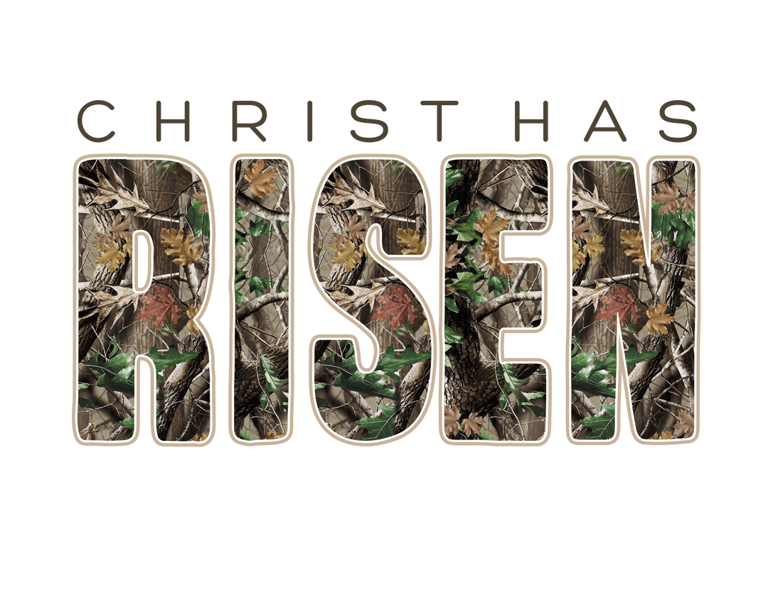 Christ has Risen Tee with camouflage-patterned 'RISEN' text on a black background, designed for comfort with a relaxed fit and luxurious fleece fabric.