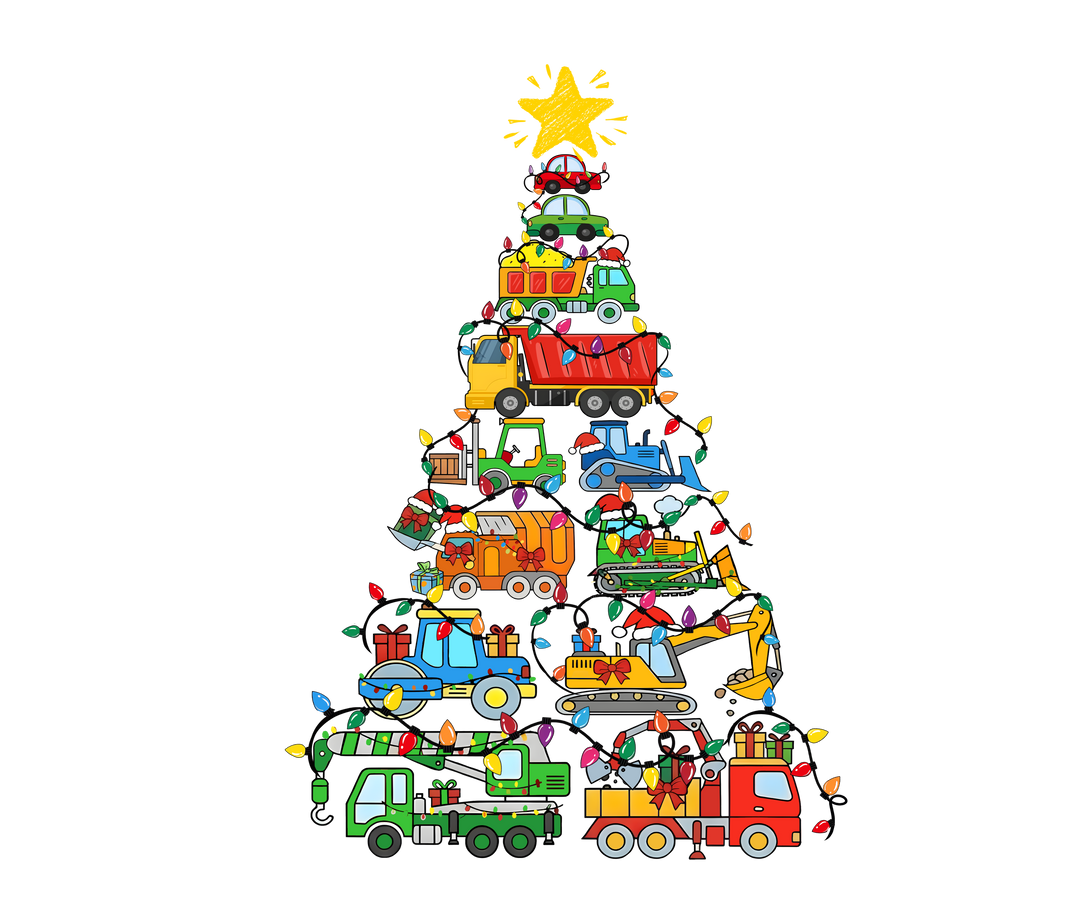 Christmas Truck Tree Onesie featuring a festive tree of cartoon construction vehicles with colorful lights, ideal for infants, crafted from soft, durable cotton for comfort.