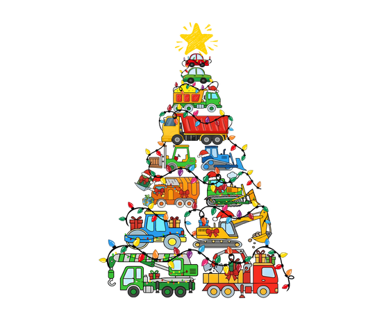 Christmas Truck Tree Onesie featuring a festive tree of cartoon construction vehicles with colorful lights, ideal for infants, crafted from soft, durable cotton for comfort.