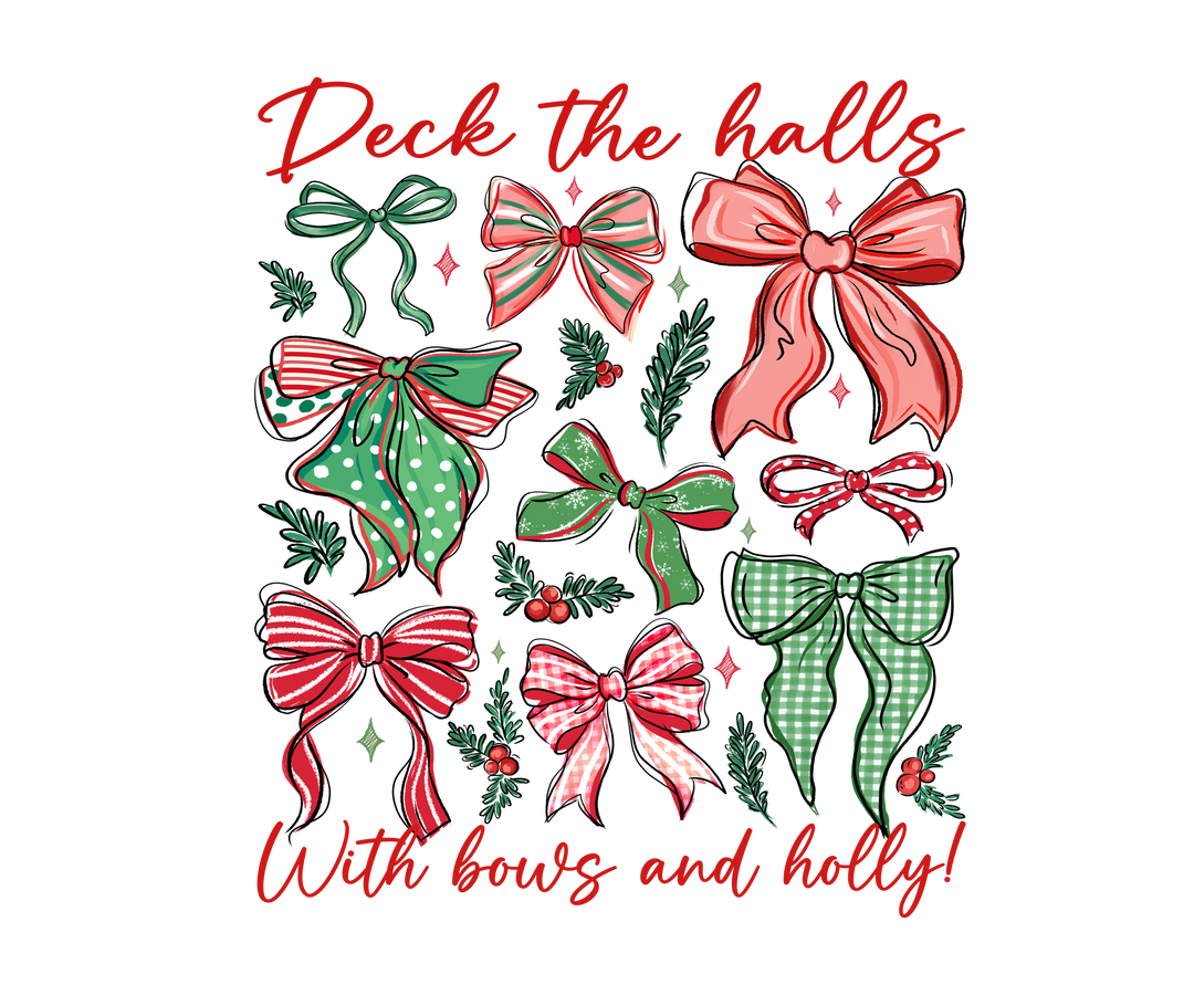 Deck The Halls Crew sweatshirt features festive bows and holly on a black background, perfect for cozy holiday wear with a classic comfortable fit.