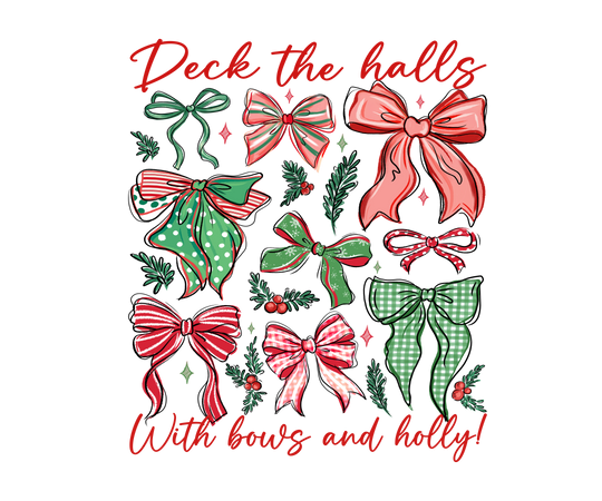 Deck The Halls Crew sweatshirt features festive bows and holly on a black background, perfect for cozy holiday wear with a classic comfortable fit.