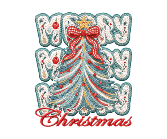 Holiday-themed embroidery graphic featuring a knitted yarn Christmas tree with red baubles, golden star, red bow, and MERRY MERRY Christmas text on a cozy crewneck sweatshirt.