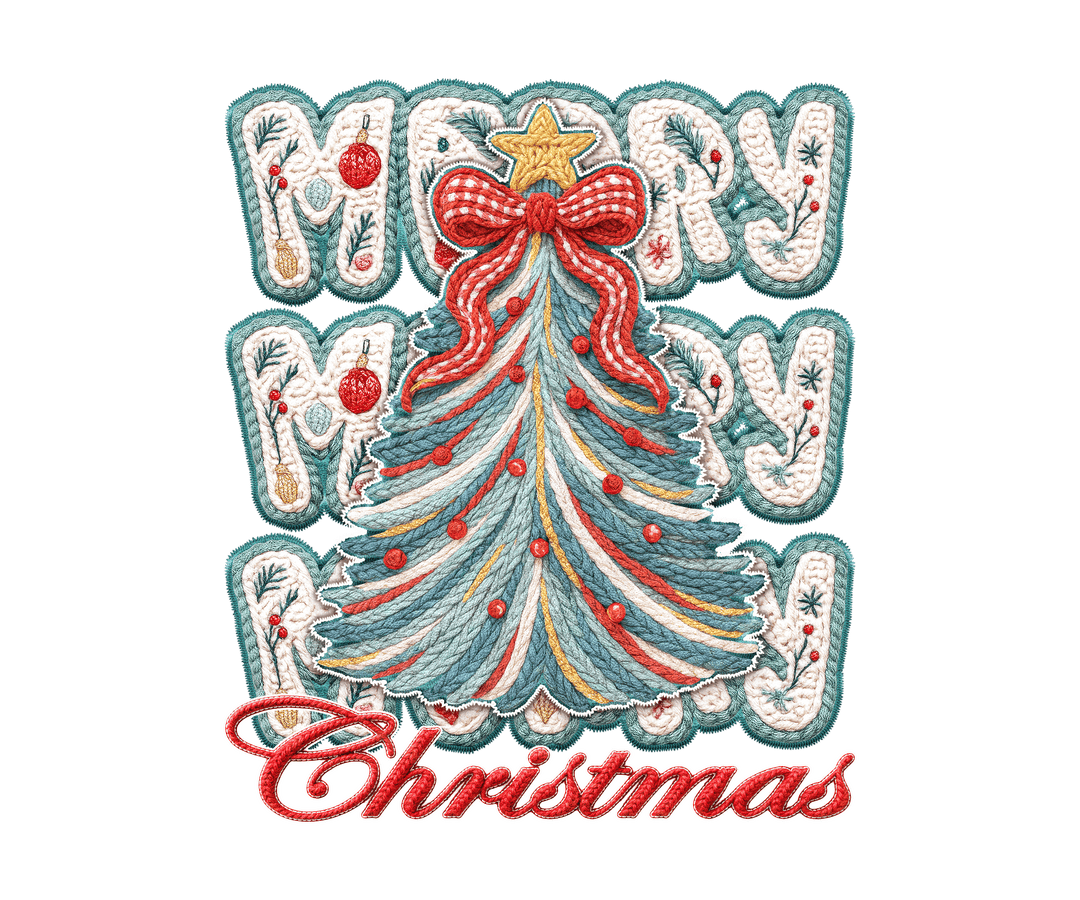 Merry Christmas Tree Tee featuring a stylized yarn-stitched tree with MERRY text and Christmas script, perfect for a festive, comfortable wear.