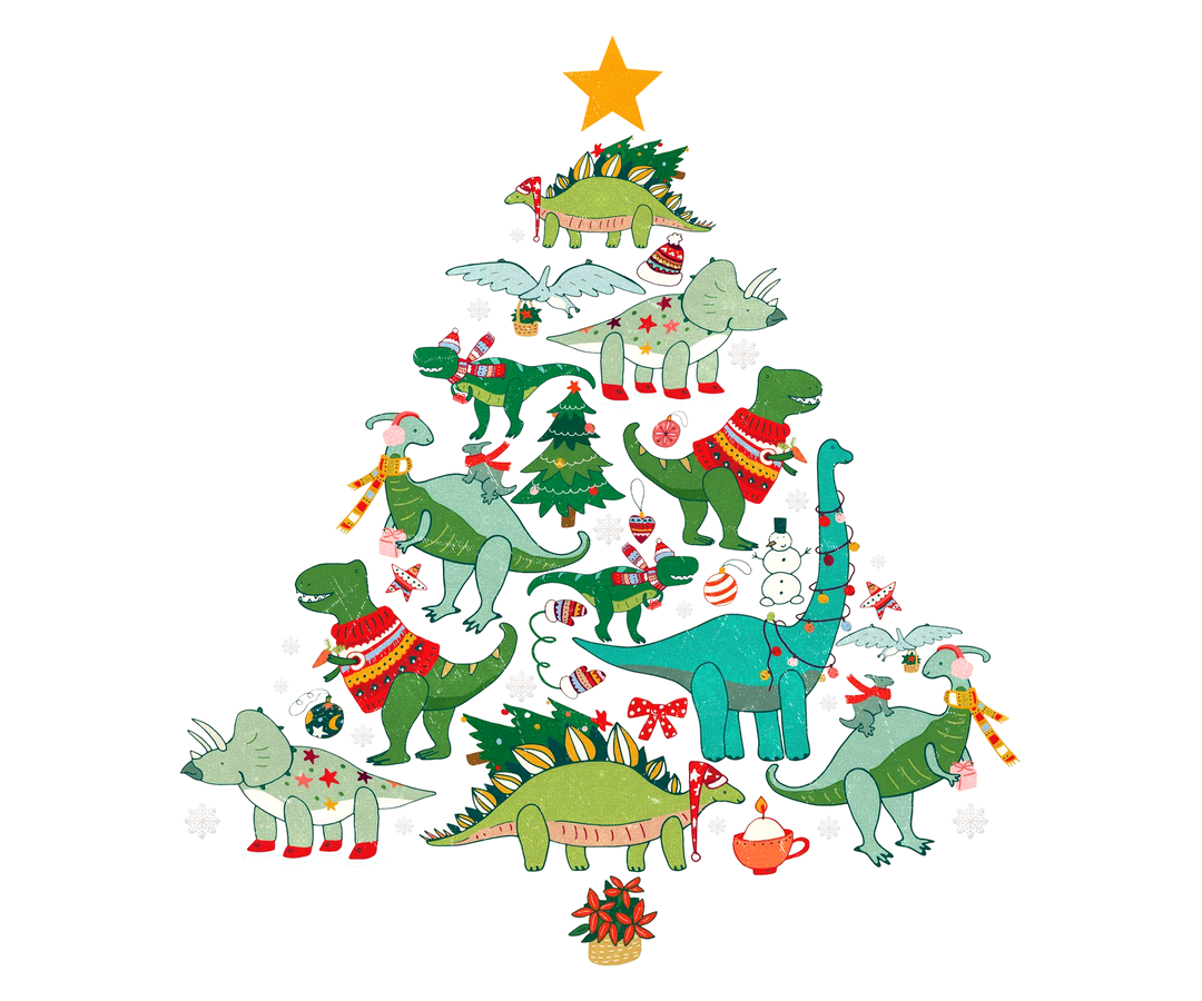 Baby Dino Tree Onesie: Cartoon dinosaurs in holiday gear form a Christmas tree shape with festive elements like snowflakes and gifts, emphasizing playful holiday spirit.