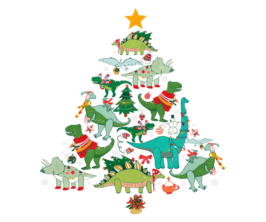 Baby Dino Tree Onesie: Cartoon dinosaurs in holiday gear form a Christmas tree shape with festive elements like snowflakes and gifts, emphasizing playful holiday spirit.