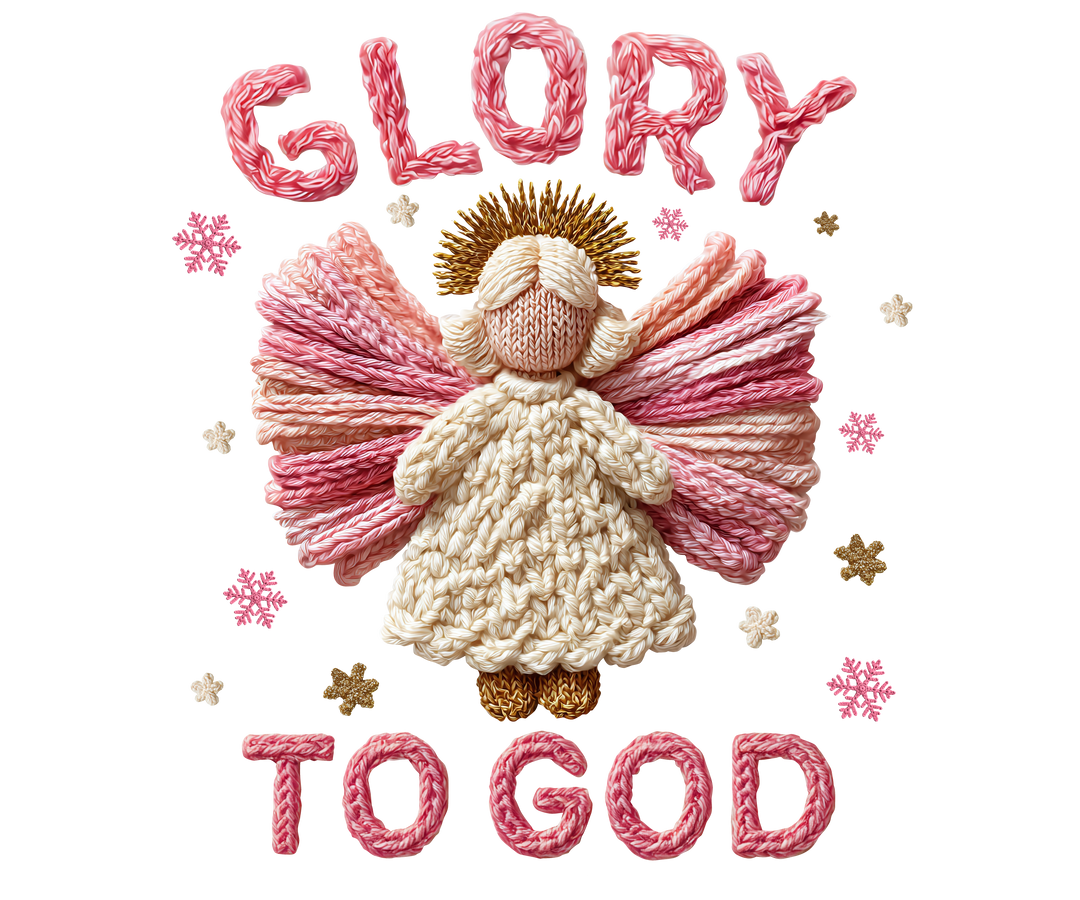 Hand-knit angel figure with GLORY TO GOD text atop toddler sweatshirt, crafted for warmth and style with durable materials by Faith Family Designs.