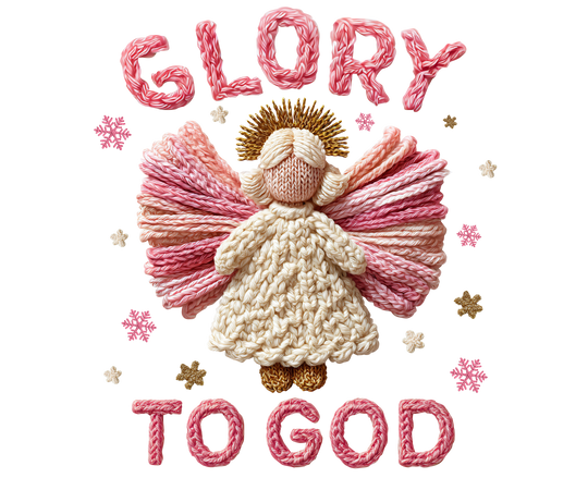 Hand-knit angel figure with GLORY TO GOD text atop toddler sweatshirt, crafted for warmth and style with durable materials by Faith Family Designs.