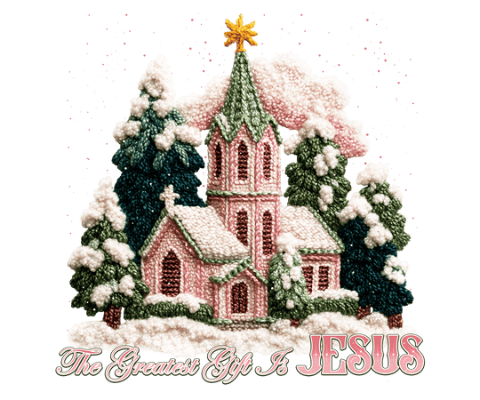 Gift is Jesus Crew: Puffy embroidered church in snow setting, pink with green trim, golden star, and message “The Greatest Gift Is JESUS” on cozy crewneck sweatshirt.