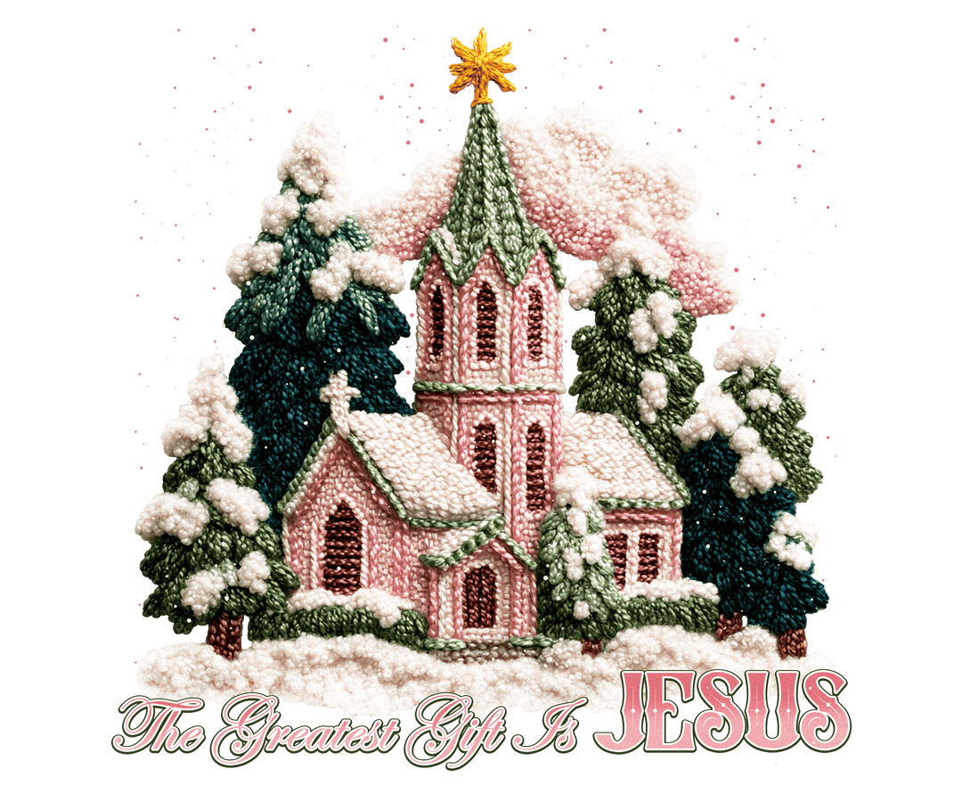 Gift is Jesus Hoodie featuring an embroidered-style Christmas graphic of a snow-covered church among evergreens, expressing warmth and faith.
