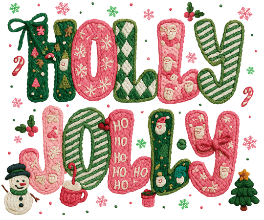 Holly Jolly Hoodie featuring festive, hand-knit style letters with holiday motifs, snowman, and hot cocoa, perfect for cozy winter wear.