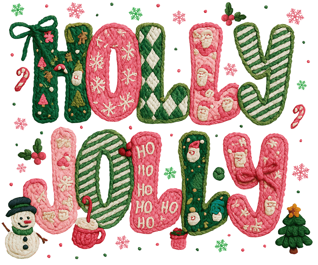 Holly Jolly Tee: Festive knit-style typography with holiday motifs like snowflakes and candy canes, perfect for a cozy, unique graphic t-shirt experience.