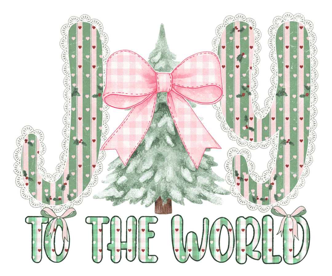 Whimsical Joy to the World graphic sweatshirt featuring striped letters and a watercolor Christmas tree, ideal for cozy comfort and festive style.