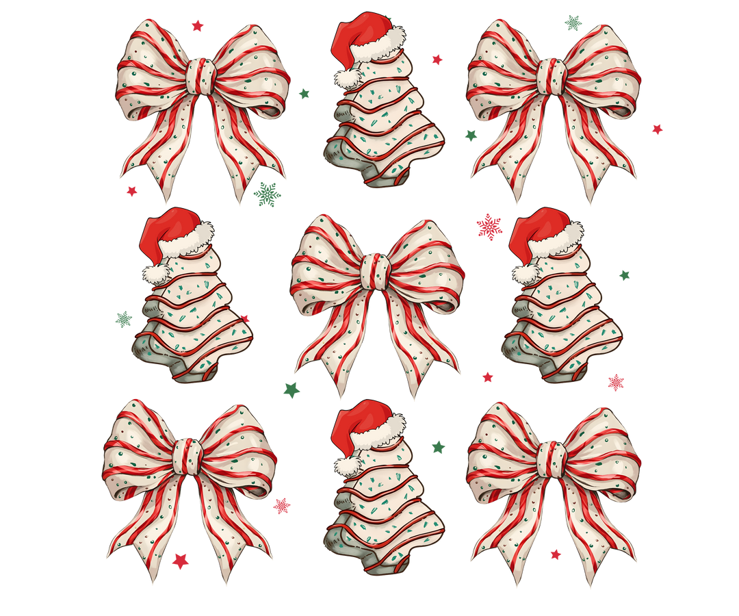 Cookies and Bows Kids Tee featuring candy-cane striped bows, ribbon trees with Santa hats, and festive stars. Ideal for holiday wear, made of durable cotton.