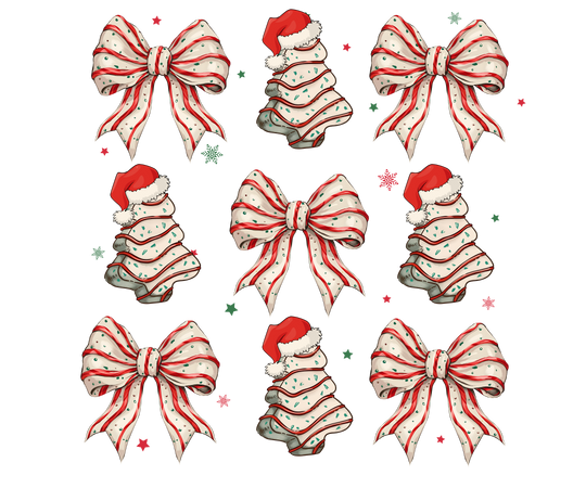 Cookies and Bows Kids Tee featuring candy-cane striped bows, ribbon trees with Santa hats, and festive stars. Ideal for holiday wear, made of durable cotton.