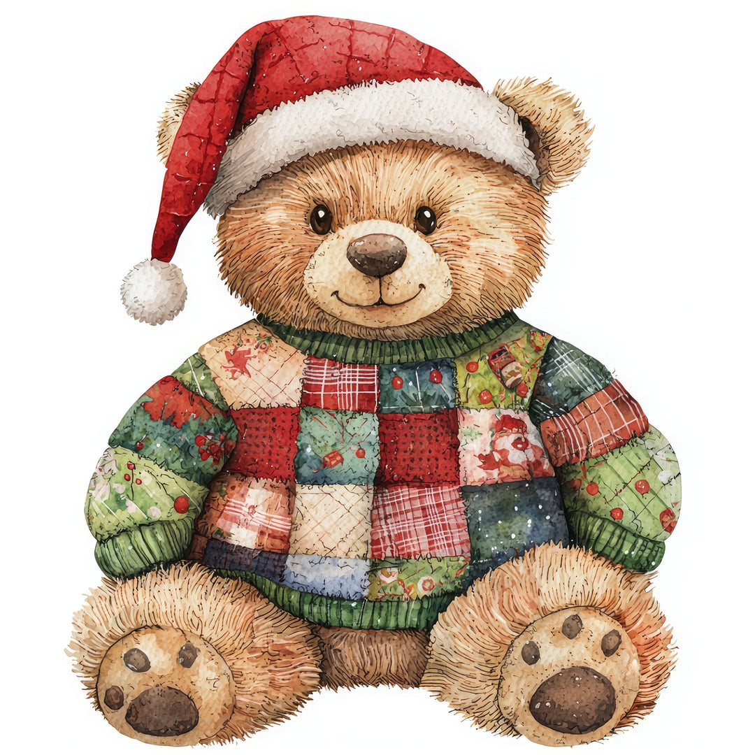 Christmas Bear Baby Tee featuring a watercolor-style teddy bear in a Santa hat and patchwork sweater, ideal for stylish and comfortable baby wear.