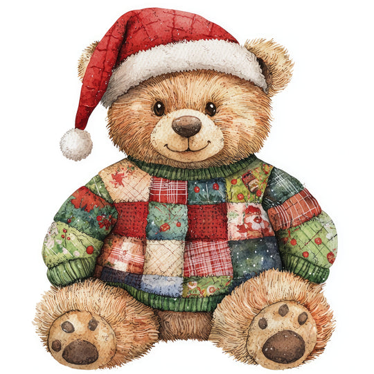 Christmas Bear Baby Tee featuring a watercolor-style teddy bear in a Santa hat and patchwork sweater, ideal for stylish and comfortable baby wear.