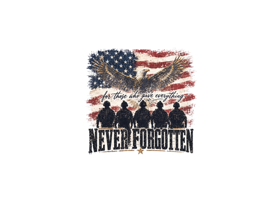 Never Forgotten Tee featuring a distressed American flag, soaring bald eagle, soldier silhouettes, and memorial tribute text, emphasizing U.S. servicemen and women's sacrifice.