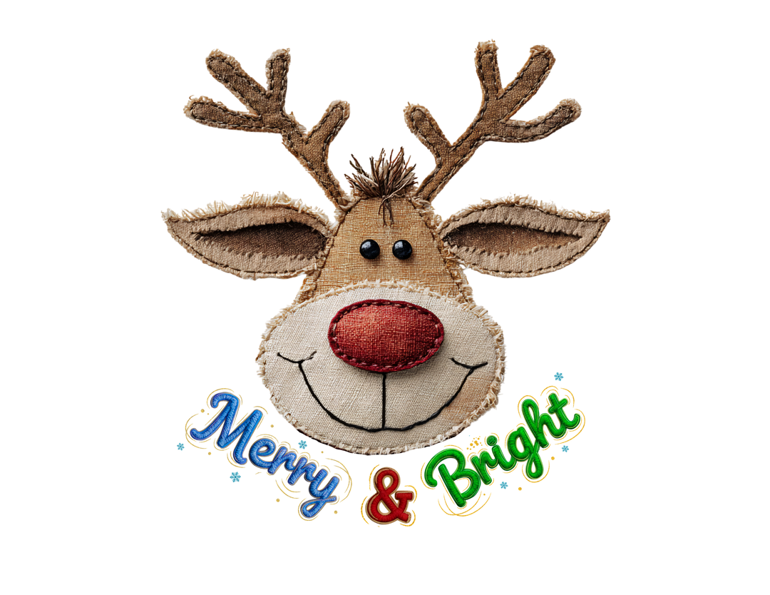 Whimsical reindeer head with patchwork design and Merry & Bright text on a baby's soft, durable crew neck t-shirt for stylish first steps.